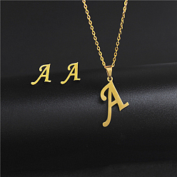 Letter A Golden Stainless Steel Initial Letter Jewelry Set, Stud Earrings & Pendant Necklaces, Letter A, No Size