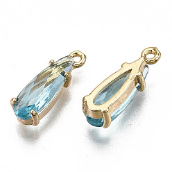 Light Sky Blue Brass Charms, with Glass, Teardrop, Faceted, Real 18K Gold Plated, Nickel Free, Light Sky Blue, 14x5x4mm, Hole: 1mm