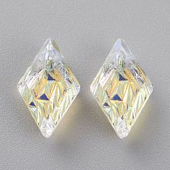 Crystal AB Embossed Glass Rhinestone Pendants, Rhombus, Faceted, Crystal AB, 13x8x4.2mm, Hole: 1.2mm
