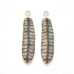 Темный Хаки Стойки подвески обшивки сплава, напечатанный, без свинца, без кадмии и без никеля, очарование перьев, золотой свет, Темный хаки, 38x9x1.5 мм, отверстие : 1.8 мм