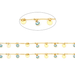 Turquoise Brass Bar Link Chains, with Enamel, Long-Lasting Plated, Soldered, with Spool, Eye & Flat Round, Real 18K Gold Plated, Turquoise, Link: 13x2x1mm, Eye: 7x5x4mm, Flat Round: 6x0.2mm, about 32.8 Feet(10m)/roll