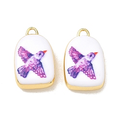 Medium Orchid Printed Brass Pendants, Arch & Bird Pattern Charms, Rack Plating, Long-Lasting Plated, Lead Free & Cadmium Free, Real 18K Gold Plated, Medium Orchid, 21x13.5x5.5mm, Hole: 3x2mm