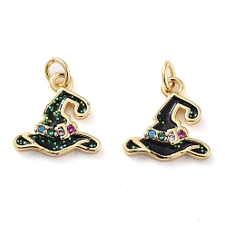 Real 18K Gold Plated Rack Plating Brass Micro Pave Colorful Grade AAA Cubic Zirconia Pendants, with Enamel and Jump Ring, Long-Lasting Plated, Cadmium Free & Lead Free, Witch Hat Charms, Real 18K Gold Plated, 11x11.5x2.5mm, Hole: 2mm