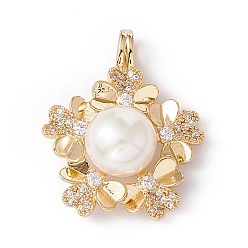Clear Natural Cultured Freshwater Pearl Pendants, with Brass Micro Pave Cubic Zirconia Findings, Golden, Flower, Clear, 27x22.5x9.5mm, Hole: 3.5x2mm