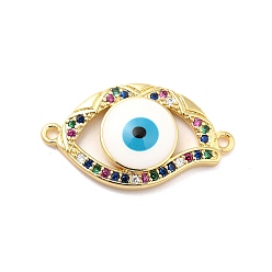 Real 18K Gold Plated Brass Micro Pave Colorful Cubic Zirconia Connector Charms, Evil Eye Link, with Enamel, Long-Lasting Plated, Cadmium Free & Nickel Free & Lead Free, Real 18K Gold Plated, 16x29x4.5mm, Hole: 1.5mm
