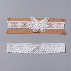White Polyester Lace Elastic Bridal Garters, with Imitation Pearl Beads and Crystal Rhinestone, Wedding Garment Accessories, White, 195~199x30mm, 2pcs/set