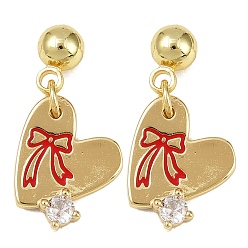 Настоящее золото 18K Серьги-гвоздики в форме сердца из латуни с прозрачным фианитом и прозрачным фианитом, с эмалью, без кадмия и без свинца, стойки покрытие, долговечный, реальный 18 k позолоченный, бантом, 22.5x12.5 мм
