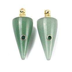 Зеленый Авантюрин Подвески для флаконов с натуральным зеленым авантюрином, конус прелести, с 304 фурнитурой из прозрачного кубического циркония из нержавеющей стали, долговечный, золотые, 40x16 мм, отверстие : 2.5 мм