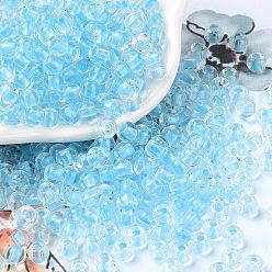 Deep Sky Blue 6/0 Luminous Glass Seed Beads, Glow in the Dark Round Beads, Inside Colours Round, Deep Sky Blue, 4x3mm, Hole: 1.2mm, about 6925pcs/pound