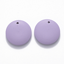 Lilac Painted Wood Pendants, Flat Round, Lilac, 15x4mm, Hole: 1.5mm