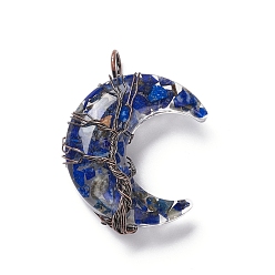 Lapis Lazuli Natural Dyed Lapis Lazuli Chips & Transparent Resin Big Pendants, Moon Charms, with Red Copper Tone Brass Wire Wrapped, Cadmium Free & Lead Free, 52~53x36~37x14~16mm, Hole: 8mm