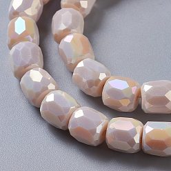 PeachPuff Electroplate Opaque Glass Beads, Faceted Barrel, PeachPuff, 8x8mm, Hole: 1mm