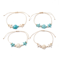 Mixed Color 4Pcs 4 Styles Synthetic Turquoise Braided Starfish & Tortoise Beaded Bracelets for Women, Mixed Color, Inner Diameter: 1-3/4~3-3/4 inch(4.6~9.45cm), 1pc/style