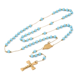 Светло-Голубой Ионное покрытие(ip) распятие крест 304 четки из нержавеющей стали, с акриловыми шариками, Небесно-голубой, 25.98 дюйм (66 см)