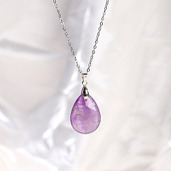 Amethyst Natural Amethyst Teardrop Pendant Necklaces, Titanium Steel Cable Chain Necklace for Women, 17.72 inch(45cm)