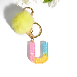 Letter U Resin Keychains, Pom Pom Ball Keychain, with KC Gold Tone Plated Iron Findings, Letter.U, 11.2x1.2~5.7cm