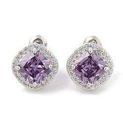 Средний Фиолетовый Квадратные серьги-гвоздики с кубическим цирконием из латуни для женщин, платина, средне фиолетовый, 12.5x12.5 мм