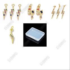 Real 18K Gold Plated 12Pcs 4 Styles Brass Micro Pave Cubic Zirconia Pendants, Lightning Bolt Charms, with Jump Ring, Real 18K Gold Plated, 5~25.5x3.5~8.5x2~3mm, Hole: 1.2~3.4mm, 3pcs/style