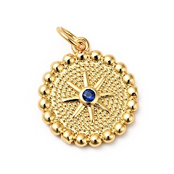 Real 18K Gold Plated Rack Plating Micro Pave Dodger Blue Cubic Zirconia Pendants, Cadmium Free & Nickel Free & Lead Free, Flat Round with Sun, Real 18K Gold Plated, 16.5x14.5x2.5mm, Hole: 3.6mm