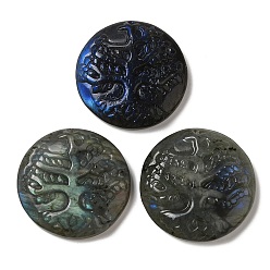 Labradorite Natural Labradorite Pendants, Flat Round Charms with Engraved Tree of Life, 35~37x7.5~9.5mm, Hole: 1.5mm