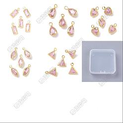 Pink 10Pcs 5 Styles Brass Cubic Zirconia Pendants, Nickel Free, Real 18K Gold Plated, Mixed Shapes, Pink, 8~11.5x3.5~6.5x2~3mm, Hole: 1~1.4mm, 2pcs/style