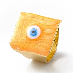 Dark Orange Square Enamel with Evil Eye Wide Band Finger Rings, Real 18K Gold Plated Brass Adjustable Rings for Women Men, Dark Orange, 18.5mm, Inner Diameter: 17mm