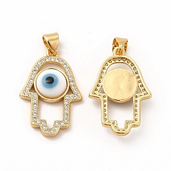 White Rack Plating Brass Micro Pave Clear Cubic Zirconia Pendants, with Handmade Evil Eye Lampwork, Cadmium Free & Lead Free, Long-Lasting Real 18K Gold Plated, Hamsa Hand Charm, White, 25.5x17x4mm, Hole: 5.5x3.5mm
