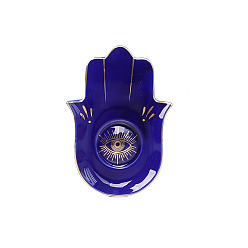 Dark Blue Hamsa Hand/Hand of Miriam with Evil Eye Ceramic Jewelry Plate, Storage Tray for Rings, Necklaces, Earring, Dark Blue, 160x115mm