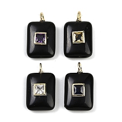 Обсидиан Природные подвески обсидиана, прямоугольные подвески с латунной микропаве кубическими цирконами случайных цветов, золотые, 21x12x6 мм, отверстие : 2x1 мм