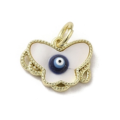 Midnight Blue Evil Eye Enamel Shell Brass Butterfly Charms with Jump Rings, Real 18K Gold Plated, Midnight Blue, 11.5x15x3mm, Hole: 3.8mm