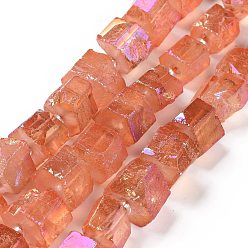 Tomato Electroplated Natural Quartz Beads Strands, Hexagon Prism, Irregular Shape, Tomato, 8~13x10~14x6~11mm, Hole: 1mm, about 15~16pcs/strand, 7.8~8 inch(20~20.5cm)