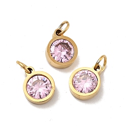 Pearl Pink Vacuum Plating 304 Stainless Steel Pendants, with Cubic Zirconia and Jump Rings, Single Stone Charms, Flat Round, Golden, Pearl Pink, 9.5x7.5x3mm, Hole: 3.6mm