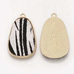 Black Eco-Friendly Cowhide Leather Pendants, with Golden Plated Alloy Cabochon Settings, teardrop, with Zebra-stripe Pattern, Black, 35x21x2~3mm, Hole: 1.8mm