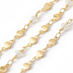 Clear Handmade Eco-friendly Brass Flat Round Link Chain, with Glass Beaded, Real 18K Gold Plated, Lead Free & Cadmium Free, Soldered, with Spool, Clear, 8.5x4x2mm, 11.5x4.5mm