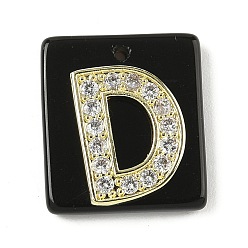 Letter D Природные подвески обсидиана, прямоугольные подвески с латунной микропаве прозрачной кубической циркониевой буквой, реальный 18 k позолоченный, долговечный, стойки покрытие, Буква D, 21x18x5 мм, отверстие : 1.4 мм