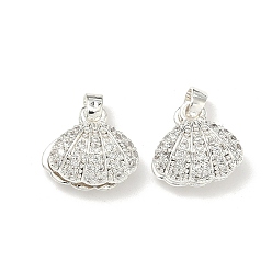 Серебро Латунные микропаве прозрачные подвески с фианитом, подвески в форме ракушек, долговечный, стойки покрытие, серебряные, 13x13x6 мм, отверстие : 4x3 мм