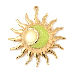 Зелено-Желтый 304 подвески из нержавеющей стали, с эмалью и блестками, солнце с лунным очарованием, реальный 18 k позолоченный, зеленый желтый, 29x26.5x5 мм, отверстие : 1.2 мм