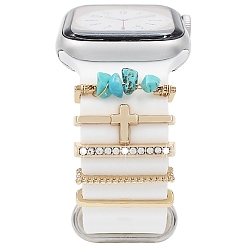 Golden Cross Alloy Rhinestones Watch Band Charms Set, Watch Band Decorative Ring Loops, with Synthetic Turquoise Chips, Golden, Inner Diameter: 2.2x0.35cm, 5pcs/set.