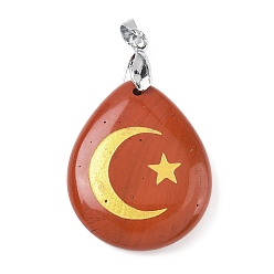 Красный Камень Природные красной яшмы подвески, с реечной обшивкой латунными выводами, без кадмия и без свинца, подвеска в виде капли, луны и звезды, 31x25x5~7 мм, отверстие : 4.5x4 мм