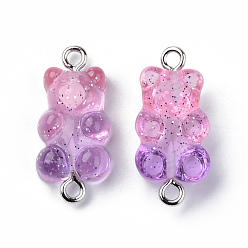 Plum Transparent Resin Links, with Glitter Powder and Platinum Tone Iron Loops, Bear, Plum, 24~25x11x7mm, Hole: 1.8mm