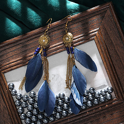 Marine Blue Feather Tassel Dangle Earrings, Bohemia Style Long Drop Earrings for Women, Marine Blue, 60x17mm