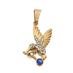Light Sapphire 304 Stainless Steel Rhinestone Pendants, Bird Charms, with 201 Stainless Steel Snap On Bails, Ion Plating(IP), Golden, Light Sapphire, 26x16x3mm, Hole: 6x3.5mm