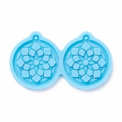 Sky Blue DIY Pendant Silicone Molds, for Earring Making, Resin Casting Molds, For UV Resin, Epoxy Resin Jewelry Making, Flat Round with Flower, Sky Blue, 44x77x5mm, Hole: 2mm, Inner Diameter: 39x35mm