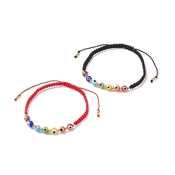 Mixed Color 2Pcs 2 Colors Lampwork Round Evil Eye Braided Bead Bracelets Set, Adjustable Bracelets for Women, Mixed Color, Inner Diameter: 2-1/4~3-1/2 inch(5.8~9cm), 1Pc/color