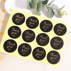 Black Paper Adhesive Stickers, Gold Stamping Package Sealing Stickers, Round with Word Thank You, Black, 3.8cm, 12pcs/sheet