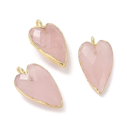 Rose Quartz Natural Rose Quartz Pendants, Faceted Heart Charms, with Golden Plated Brass Edge Loops, 22.5x13x7.5mm, Hole: 3mm