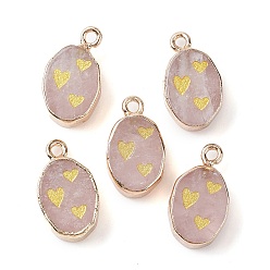 Rose Quartz Natural Rose Quartz Pendants, Golden Plated Brass Oval Charms with Heart, 17.5x10.5x5mm, Hole: 1.6mm