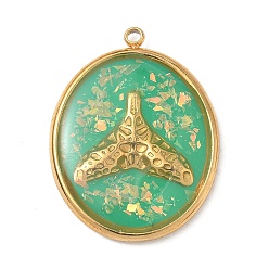 Весенне-зеленый 304 подвески из нержавеющей стали, эпоксидной смолы, с натуральными ракушками и пайетками внутри, овал с подвесками в виде китового хвоста, реальный 18 k позолоченный, вакуумное покрытие pvd, весенний зеленый, 25x18x3 мм, отверстие : 1.5 мм