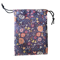 Indigo Lint Packing Pouches Drawstring Bags, Birthday Gift Storage Bags, Rectangle with Flower Pattern, Indigo, 18x13cm