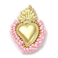 Pink Rack Plating Brass Pendants, Alloy and Clay, Real 18K Gold Plated, Cadmium Free & Lead Free, Long-Lasting Plated, Sacred Heart of Jesus, Pink, 51x38x7.5mm